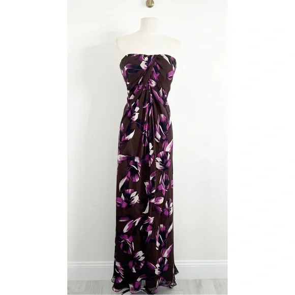 Badgley Mischka | Dresses | Badgley Mischka Silk Brown Purple Floral  Strapless Formal Gown Dress Size 8 | Poshmark
